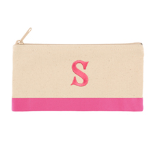 雙色粉紅色個性化單面刺繡1個字母帆布拉鏈化妝袋
