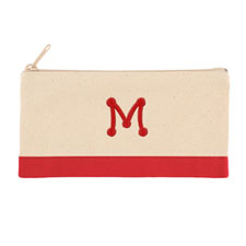 雙色紅色個性化單面刺繡1個字母帆布拉鏈化妝袋
