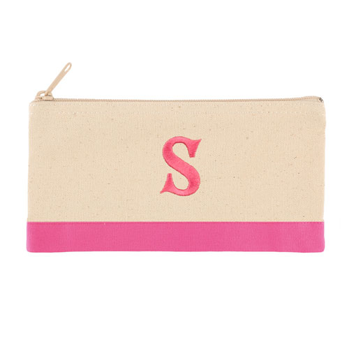 雙色粉紅色個性化單面刺繡1個字母帆布拉鏈化妝袋