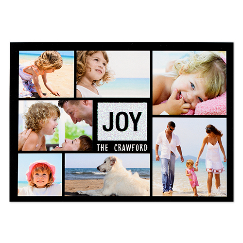 黑色 Joy 銀色閃光個性化照片聖誕賀卡 5x7